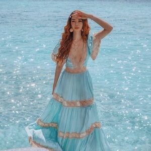 Spell & the Gypsy Ocean Plunge V Neck Gown Maxi Dress in Seafoam Blue Lace Trim